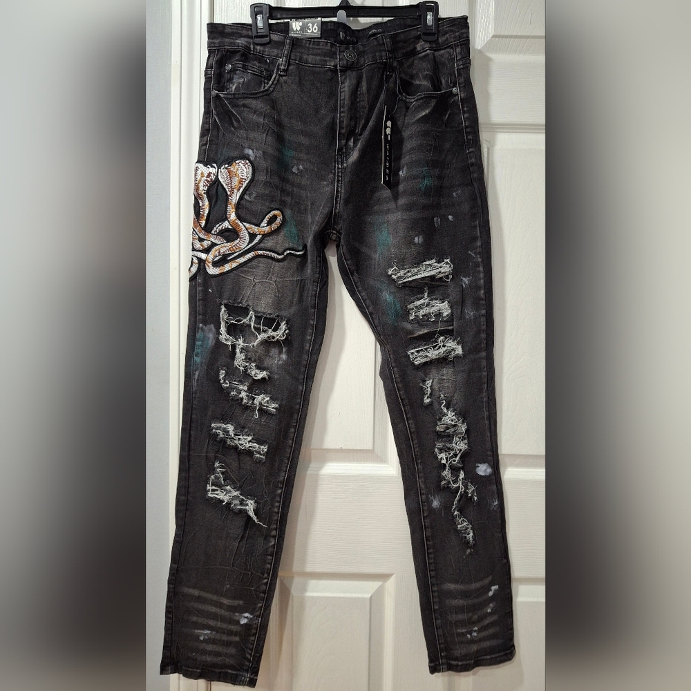 Distressed Black Jeans with Snake Embroidery